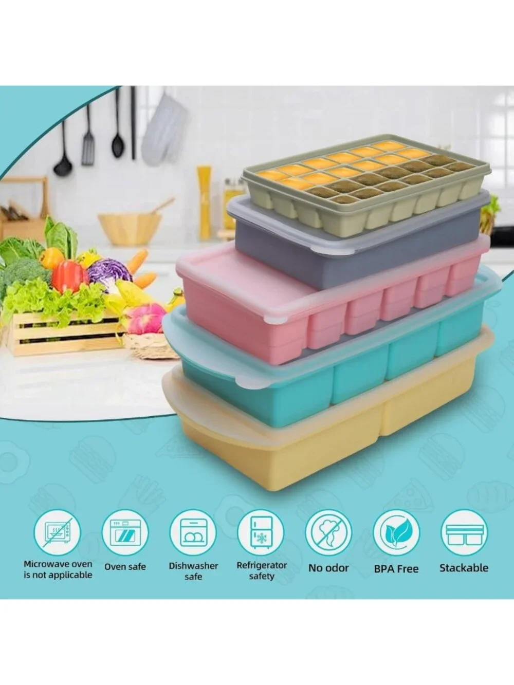 Multicolor Silicone Freezer Molds Set - Meal Prep Trays with Lids, 10 Pack